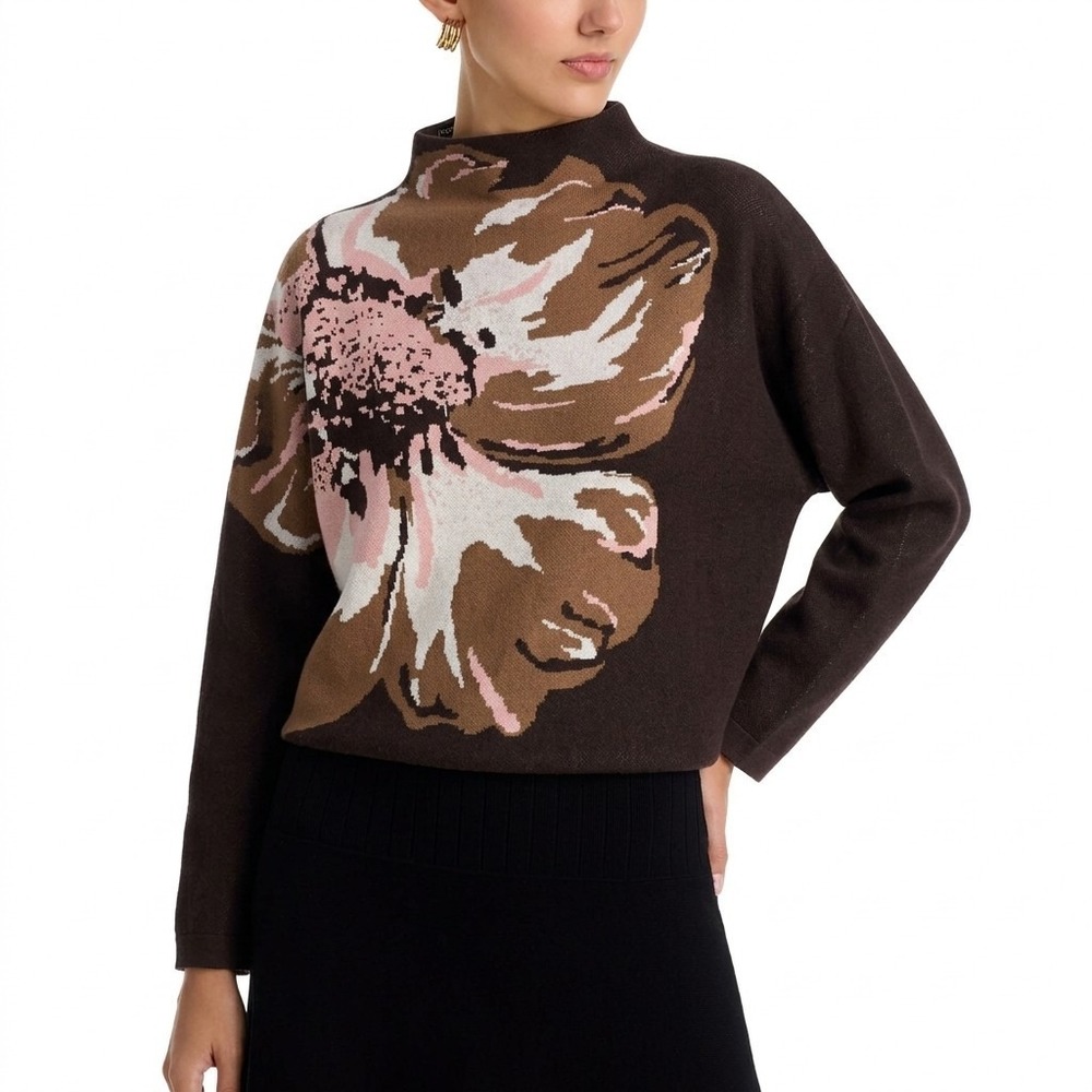 T Tahari Sweater Womens Medium Brown Flower Mock Neck Fall